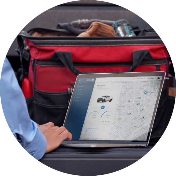 Close-up of a Person Using a Laptop on the Tailgate of a Truck With a Toolbox Nearby