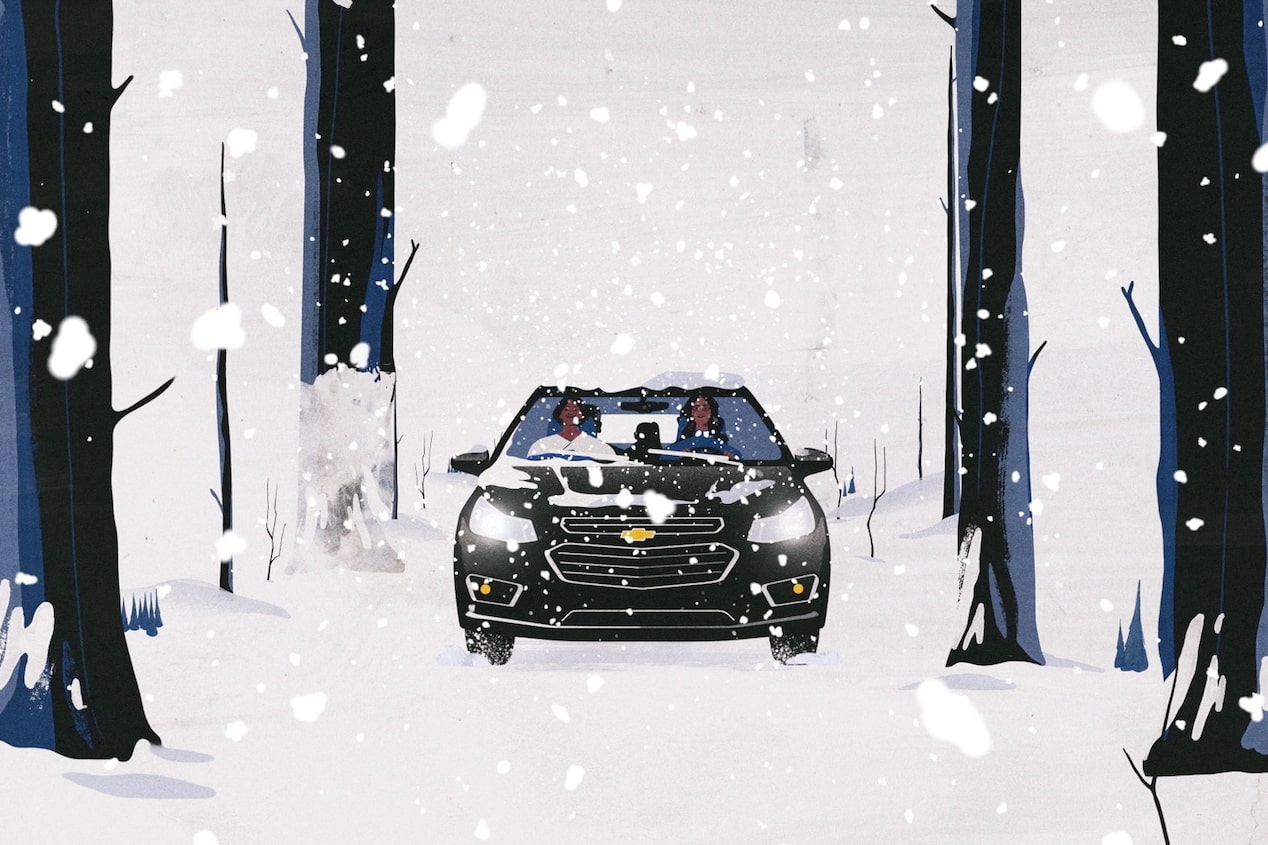 Vehicle Driving Through a Tree Lined Road With Snow