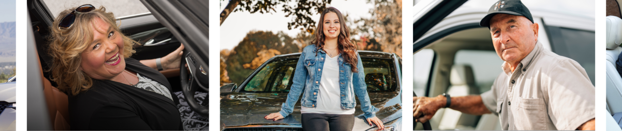 A three-panel collage showing, from left to right, a woman smiling from the passenger window of a car, a young woman standing next to a dark SUV outdoors, and an older man stepping into a vehicle.