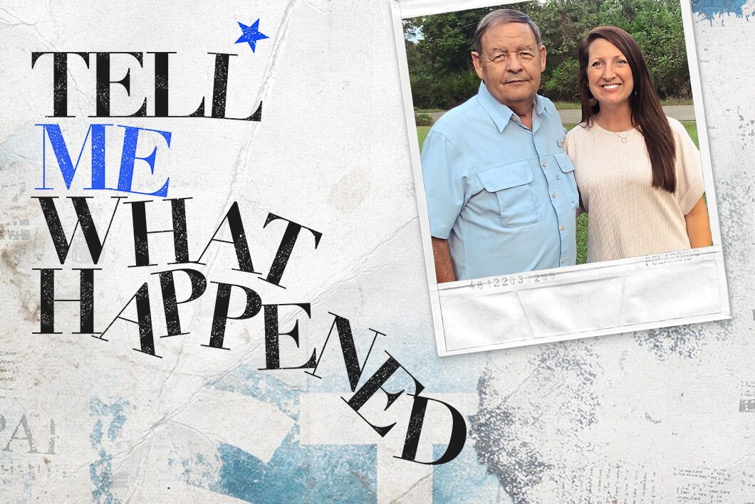 An image of an older couple next to the text overlay of "Tell Me What Happened".