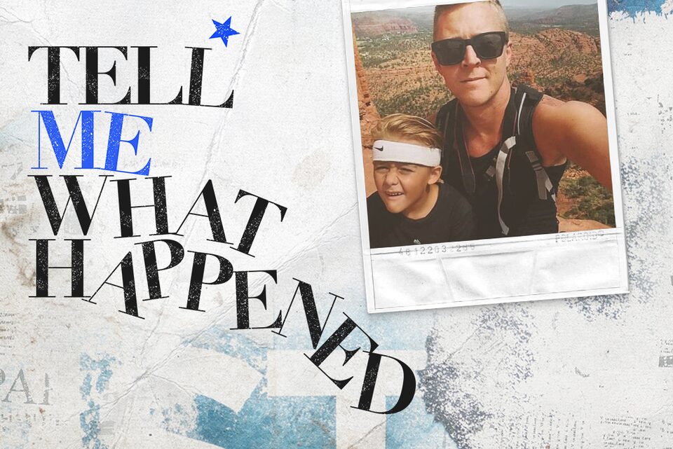 A man and a young boy taking a selfie on top of a mountain next to the text overlay of "Tell Me What Happened".