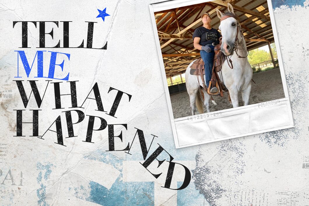 A man a white horse next to the text overlay of "Tell Me What Happened".