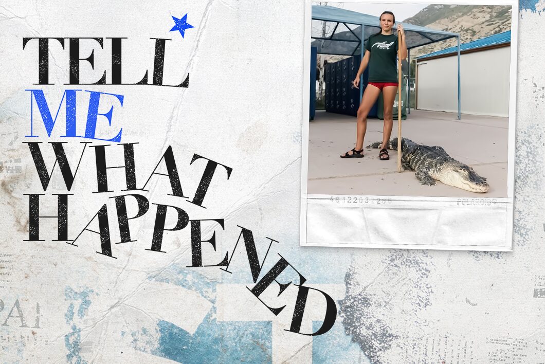 A person standing next to an alligator while smiling for a photo next to the text overlay of "Tell Me What Happened".