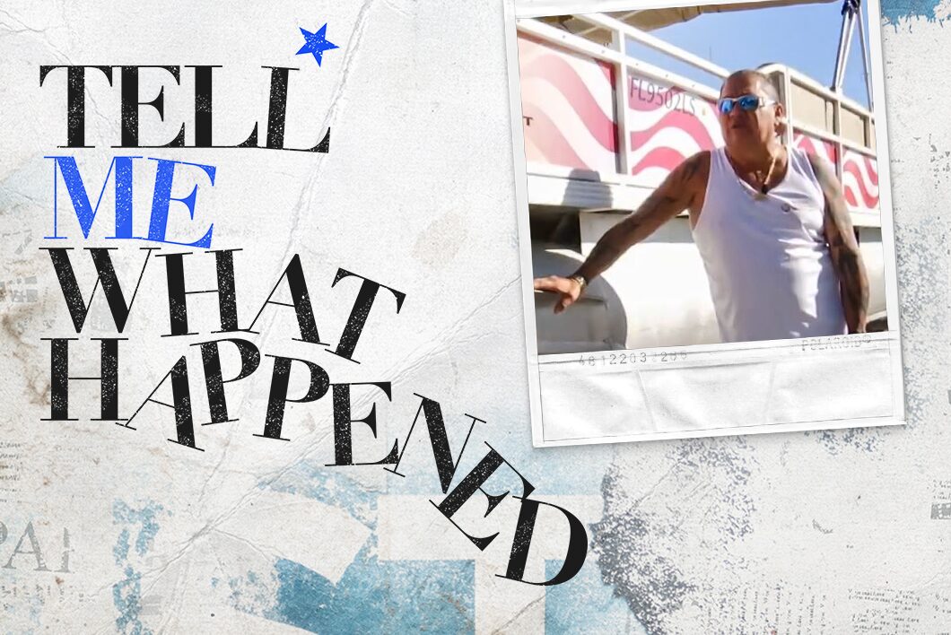 A man posing for photo wearing sunglasses and a white T-shirt on a sunny day next to the text overlay of "Tell Me What Happened".