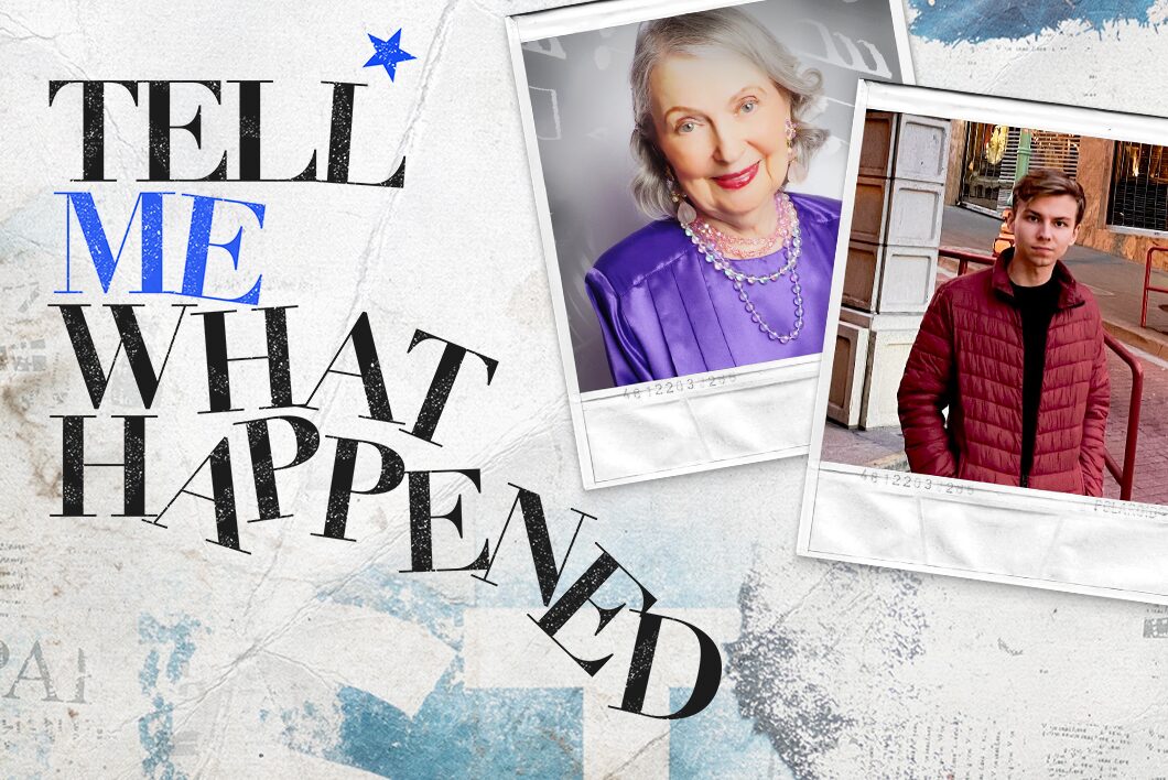 A photo of an older lady next to a photo of a young man wearing red jacket next to the text overlay of "Tell Me What Happened".