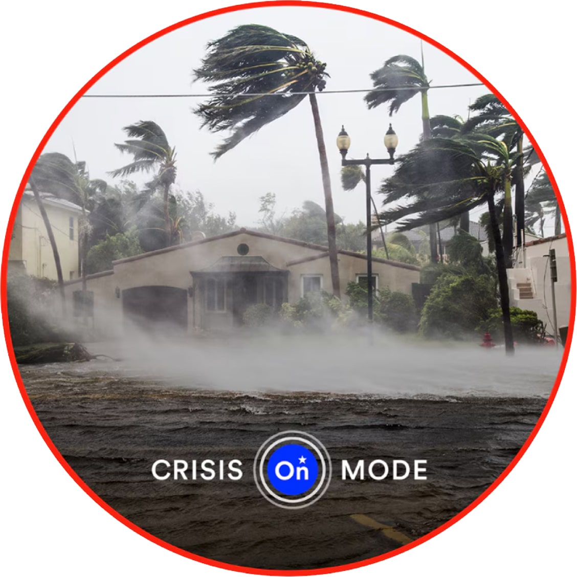 A hurricane blowing across a neighborhood with the Crisis Mode logo and red outine