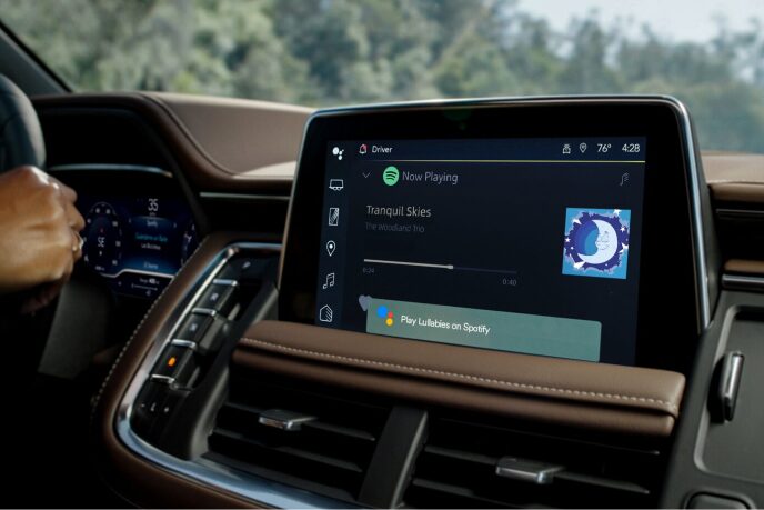 Close-up of the Display Dashboard of a vehicle playing Spotify from Google command.