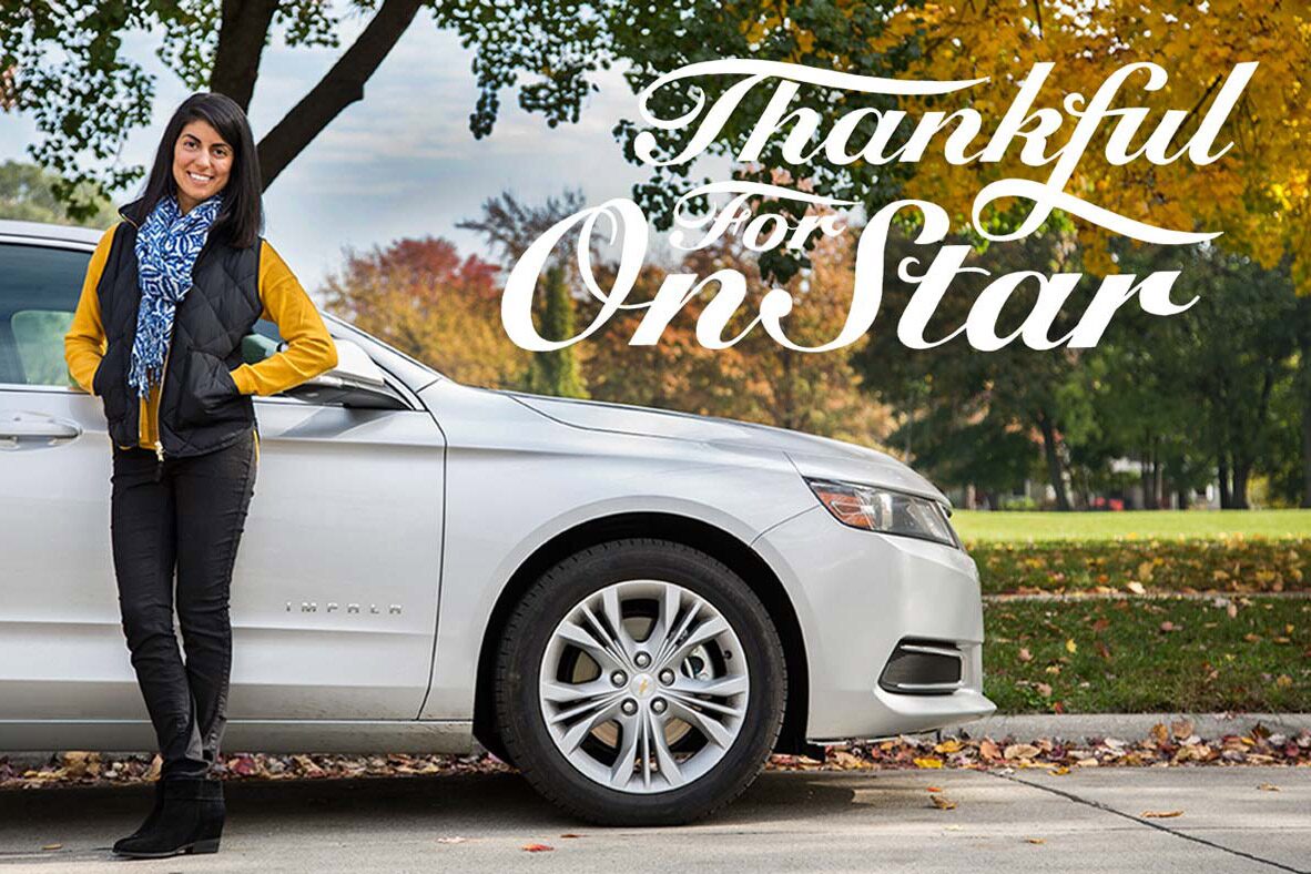 Woman Leaning on GM Vehicle with Text Thankful for OnStar