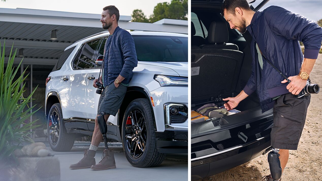 A split screen of a man with a prosthetic leg leaning on his GM vehicle and unloading his vehicle's cargo