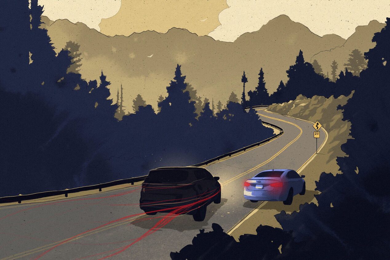 Illustration of SUV Swerving on Cliffside Around Stopped Chevy Car