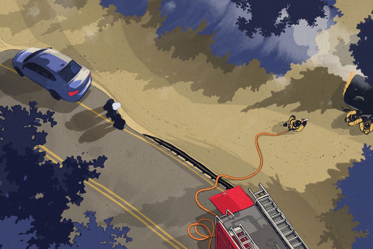 Illustration of Fire Fighters Help Victims While Witnesses Anxiously Watch