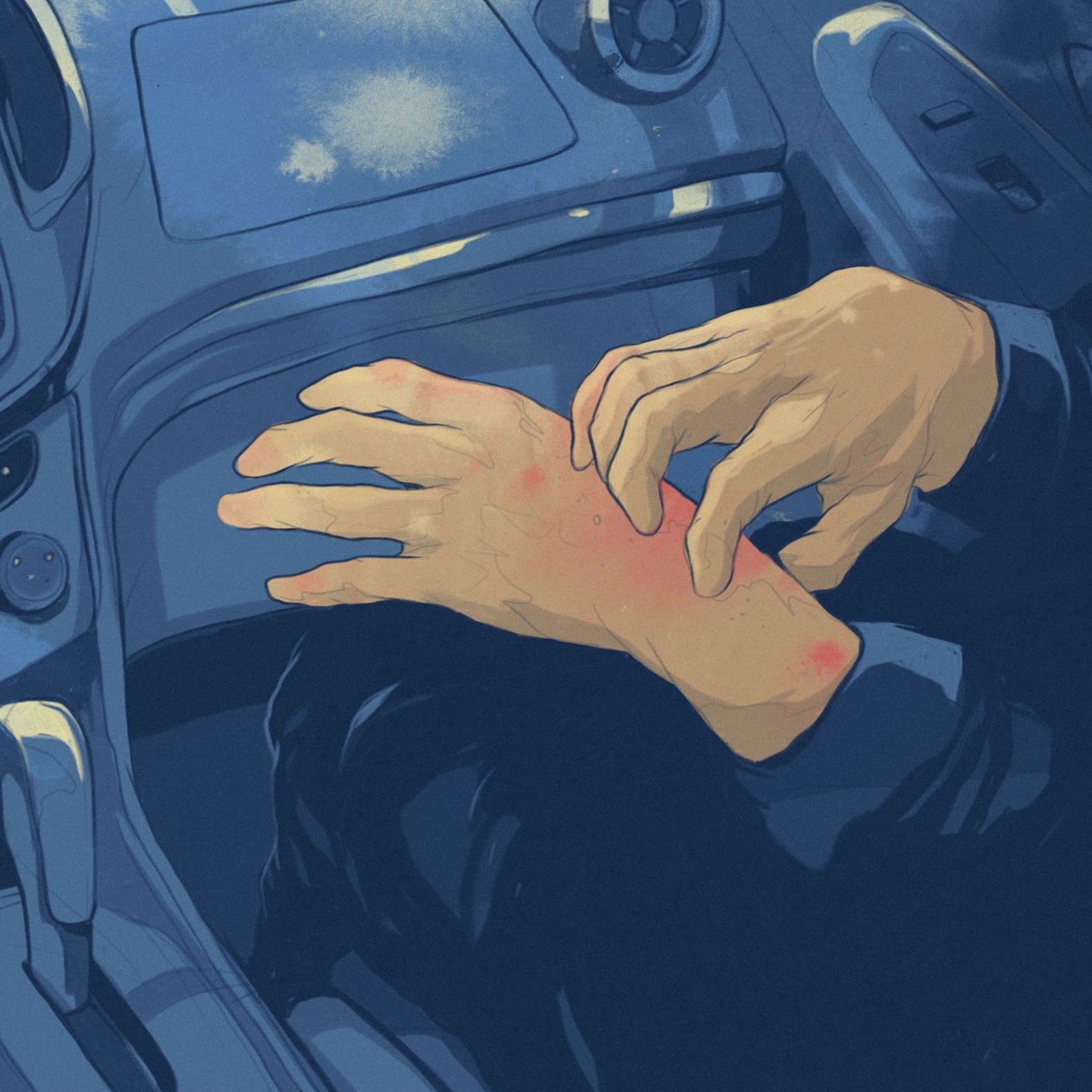 Illustration of Vehicle Passenger Assessing Their Hand Wounds