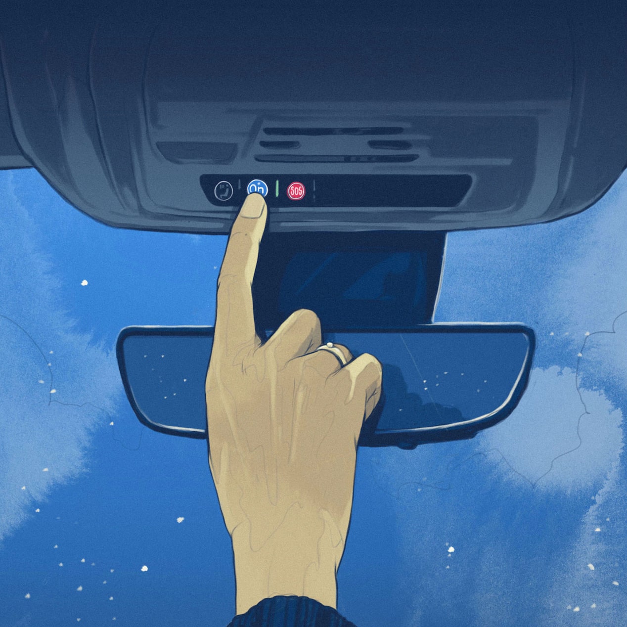 Illustration of Driver Presses OnStar Button on Rear View Mirror