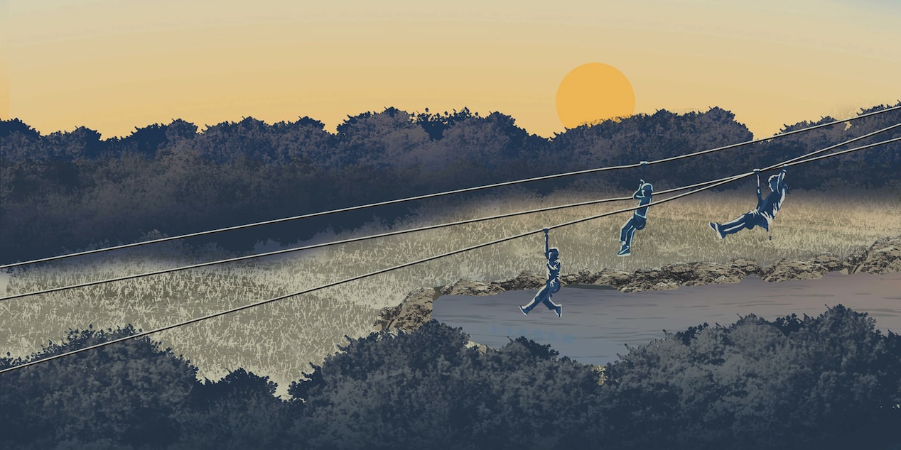 Illustration of People Ziplining While the Sunsets